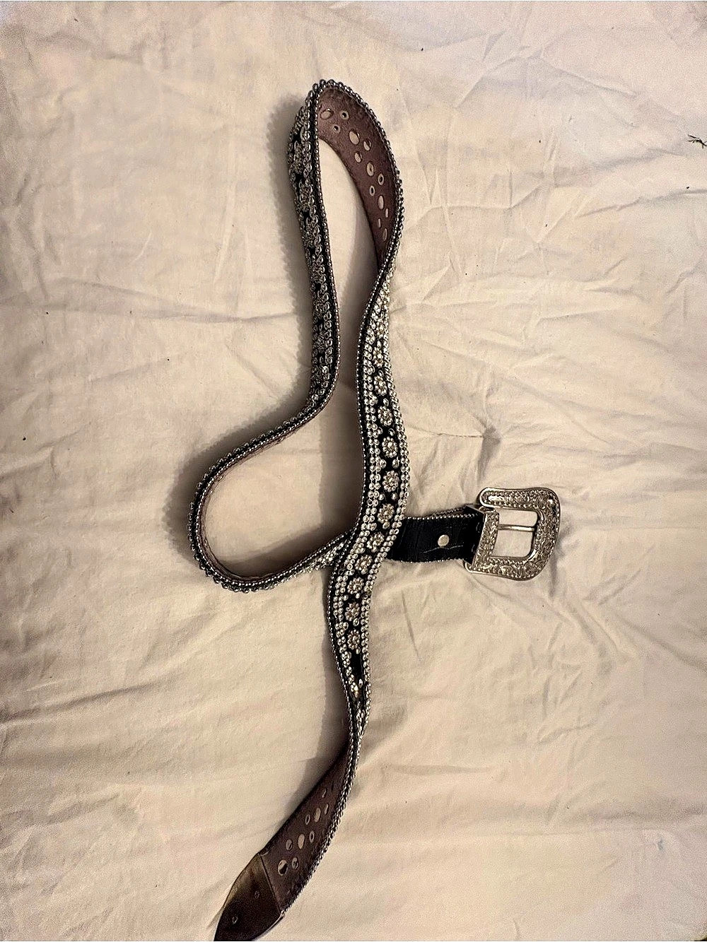 Embellished Western Buckle Belt in Black & Silver